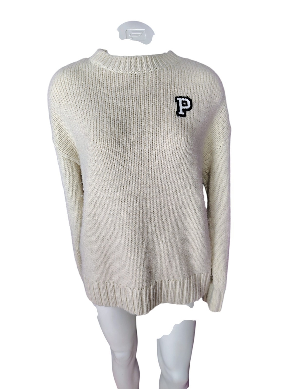 PINK Victoria's Secret Cream Crewneck Sweater with 'P' Patch Y2K